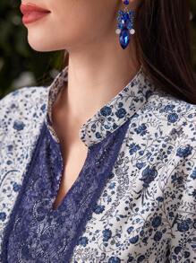 Al Najma 阿拉伯風格立領刺繡蕾絲花卉印花洋裝 - 藍色 - 查看 6