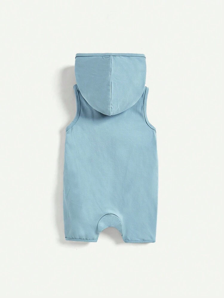 Baby Boy's Solid Color Half Button Hooded Sleeveless Romper Two-Piece Set