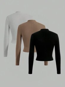 SHEIN EZwear 女款立領加厚長袖t恤 - 彩色 - 查看 2