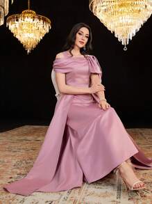 Modelyn 女士不對稱領口連身裙,鑽石裝飾 - 粉色 - 查看 4
