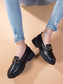 BALTEOP 2024 New British Style Women's Black Slip-On Flat Shoes With Metal Buckle & Leather Splicing