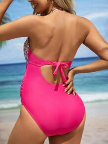 SHEIN Summer Beach Maternity Shirred Ruched Halter One Piece Swimsuit, Maternity Bathing Suit - Multicolor - View 2