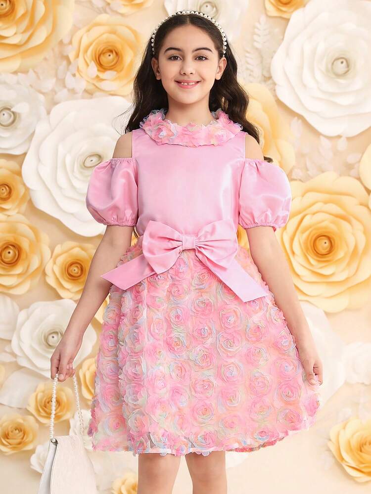 2pcs/Set Lovely Stand Collar And Shoulder Cutout Design Blouse & Skirt Suit For Tween Girls