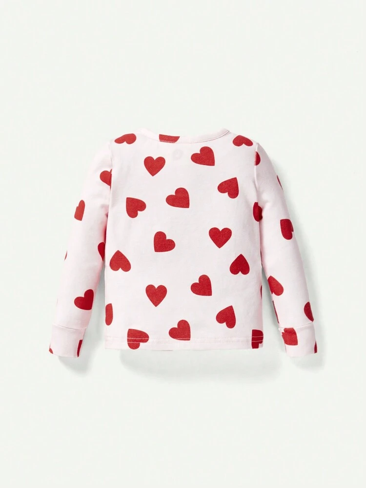 Baby Girl Snug Fit Pajama Set, Including Round Collar, Regular Sleeve Top And Full Length Pants With Heart-Shaped Prints, 4pcs/Set