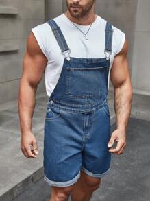 Manfinity Homme 1Pc Men's Solid Pocket Dungaree Shorts Baggy Overall Plain Navy Blue - Blue - View 1