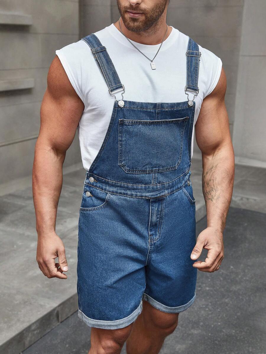 Manfinity Homme 1Pc Men's Solid Pocket Dungaree Shorts Baggy Overall Plain Navy Blue - Blue - View 1