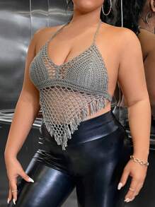 Allurite Plus Size Solid Color Hollow Out Knitted Top With Fringe Hem, Open Back & Halter Neckline - Camel - View 4