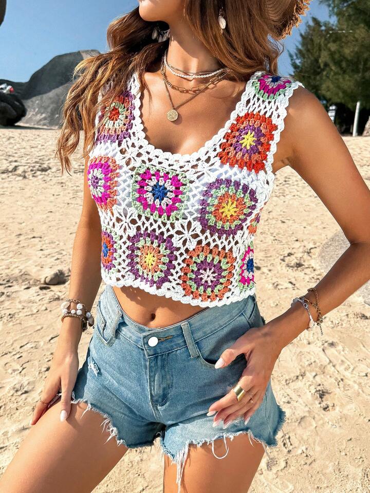 【★安心の定価販売★】 花柄ノースリーブかぎ針編みニットトップ Breezaya | JAPAN SHEIN トップス