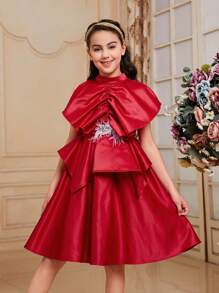 SHEIN Tween Girls' Stand Collar Sleeveless Satin Layered Dress With Ruffle Hem Decoration