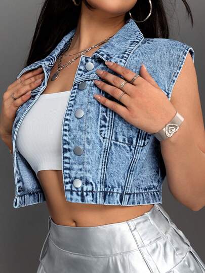 Jeanoix Plus Size Women Y2K Style Denim Jacket, Casual Fitted Cropped Sleeveless Light Wash Open Front Denim Jacket, Cowboy Outfits For Women