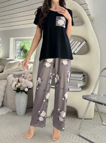 SHEIN Women'S Contrast Color Floral Print Short Sleeve Pants Pajama Set - Black - View 5