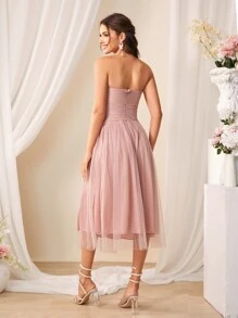 SHEIN Belle Strapless Mesh Split Hem Dress, Semi Formal Dress, Wedding Guest Dress