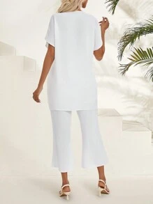 EMERY ROSE Damen Einfarbiges Set mit Fledermausärmeln und Hose, zweiteiliges Sommer-Outfit - Weiss - Übersicht 2