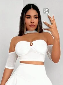 SHEIN SXY Của phụ nữ Off Shoulder Dây Nút kim loại Chi tiết Quần skinny Áo - trắng - Xem 6