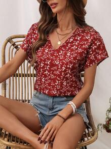 SHEIN LUNE A Must-Have Red Floral Print V-Neck Slim Fit Women's Shirt For Streets - Multicolor - View 1