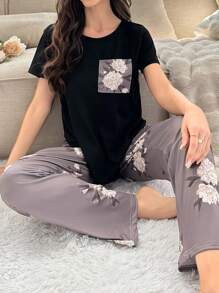 SHEIN Women'S Contrast Color Floral Print Short Sleeve Pants Pajama Set - Black - View 3