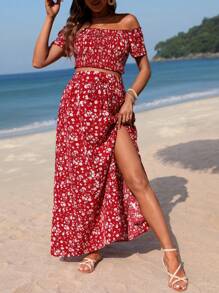 SHEIN Maternity Flower Print Off-Shoulder Shirred Top With Ruched Hem And A-Line Skirt Set - Red - View 6