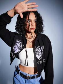 Forever 21 Của phụ nữ Người Mỹ Retro áo có mũ In bướm Tay áo dài Dây kéo Ngắn Áo nỉ - màu đen - Xem 3