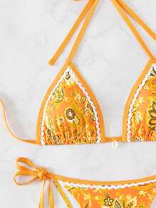 Swim Mod Summer Beach Women's Plant Printed Halter Neck Bikini Set