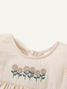 Cozy Pixies Baby Girl Floral Embroidery Round Neck Dress With Ruffle Trim And Waist Tie - Apricot - View 3