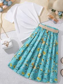 Tween Girls' Back Print Short Sleeve T-Shirt And Floral Print Skirt With Belt Set