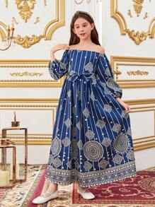 SHEIN Wunderschönes Geometrisches Muster-kleid Mit Off-shoulder-design Für Tween Mädchen - Blau - Übersicht 1