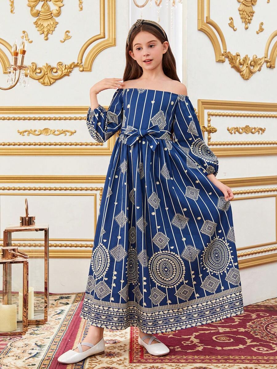SHEIN Wunderschönes Geometrisches Muster-kleid Mit Off-shoulder-design Für Tween Mädchen - Blau - Übersicht 1