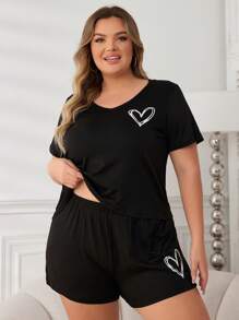 大码女式简约心形印花短袖 T 恤和短裤睡衣套装睡衣套装 - 黑色 - 查看 2
