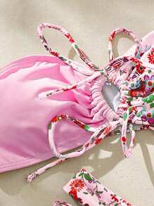 Swim Mod Summer Beach Women's Floral Printed Strapless Swimwear Set With Drawstring Detail - Multicolor - View 5