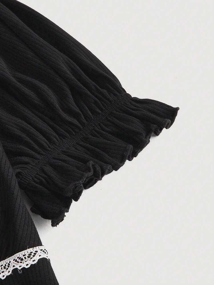 Ladies' Contrast Color Lace Trim Puff Sleeve T-Shirt