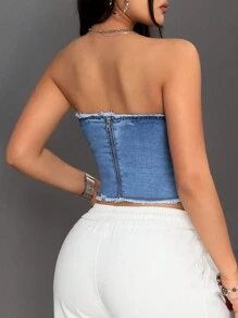 SHEIN ICON Frayed Denim Strapless Top - Medium Wash - View 2