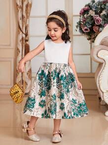 SHEIN Young Girl's Cute Jacquard Patchwork Sleeveless Dress With Round Neck, Detachable Bowknot On Back, Mid-Calf Length