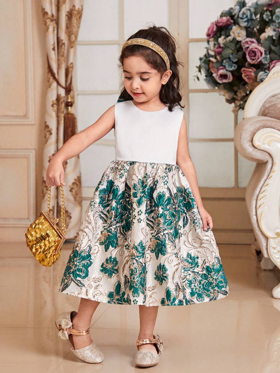 Young Girl's Cute Jacquard Patchwork Sleeveless Dress With Round Neck, Detachable Bowknot On Back, Mid-Calf Length