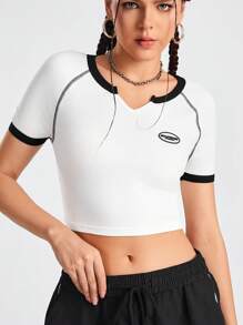 Street Sport Women's Raglan Short Sleeve Letter Patchwork Contrast Color Hemline Asymmetric Neck Sport T-Shirt - White - View 5