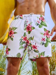 Manfinity Pantalones Cortos De Playa Para Hombre Con Diseño De Flores Y Cintura Con Cordón - Multicolor - Ver 4