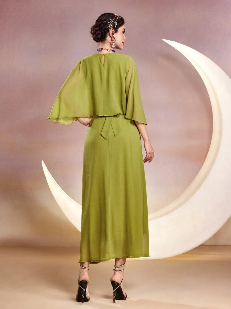 Women's Cape Sleeve Round Neck Dress Long Evening Dresses