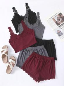 SHEIN Women's Lace Trimmed Cami Top And Shorts Pajama Set Lounge Set - Multicolor - View 2