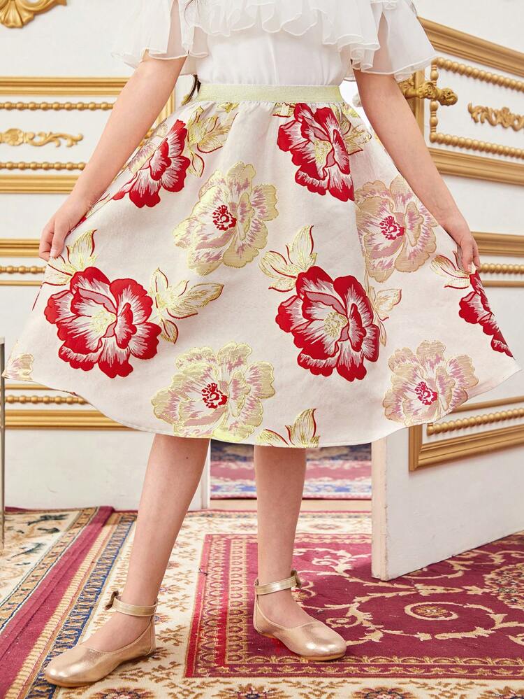 Tween Girls Loose And Cute A-Line Floral Print Skirt For Vacation