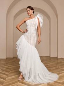 SHEIN Belle One Shoulder Asymmetrical Hem Tulle Wedding Dress - White - View 2