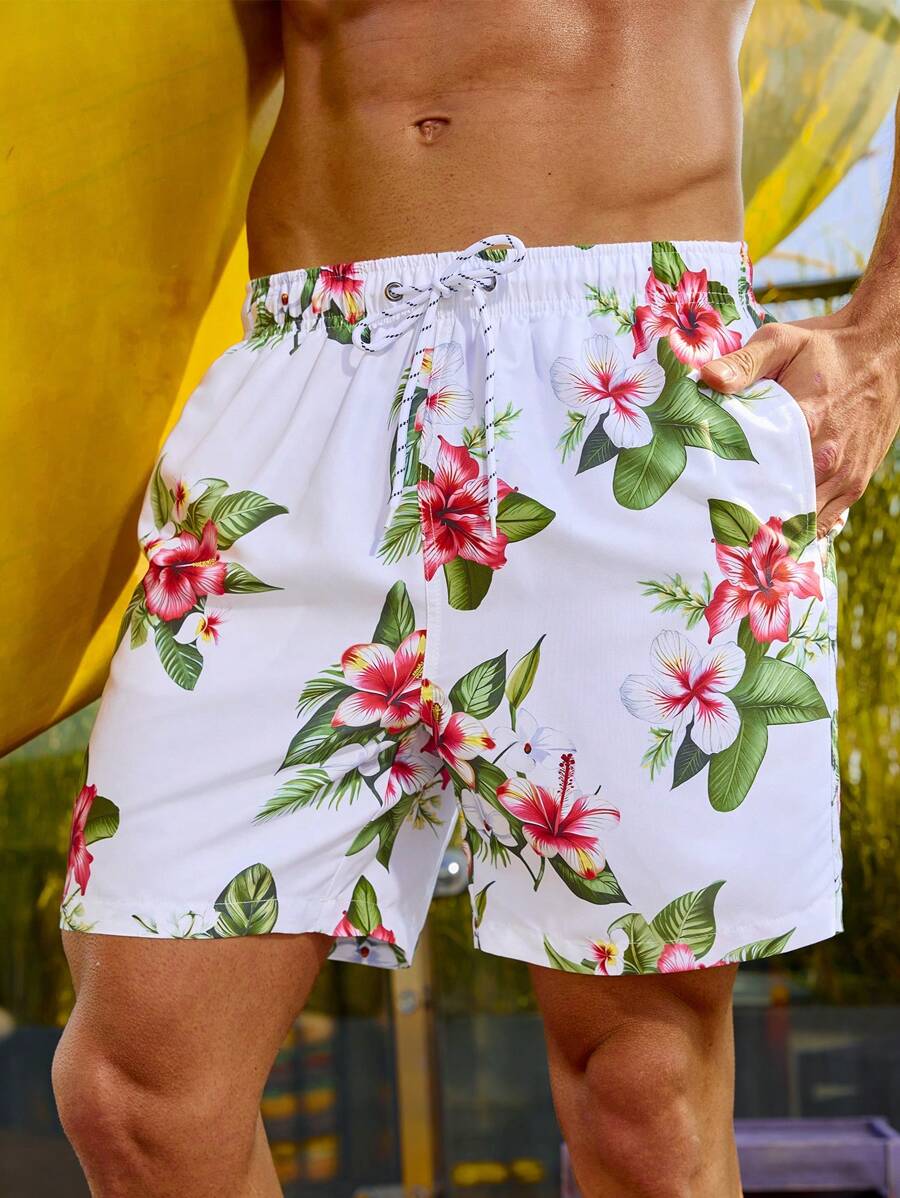 Manfinity Pantalones Cortos De Playa Para Hombre Con Diseño De Flores Y Cintura Con Cordón - Multicolor - Ver 1