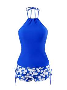 Swim Lushoire Conjunto de Tankini con top halter de unicolor para mujer en la playa con impresión de flores y pantalones cortos tipo boxeador - azul real - View 3
