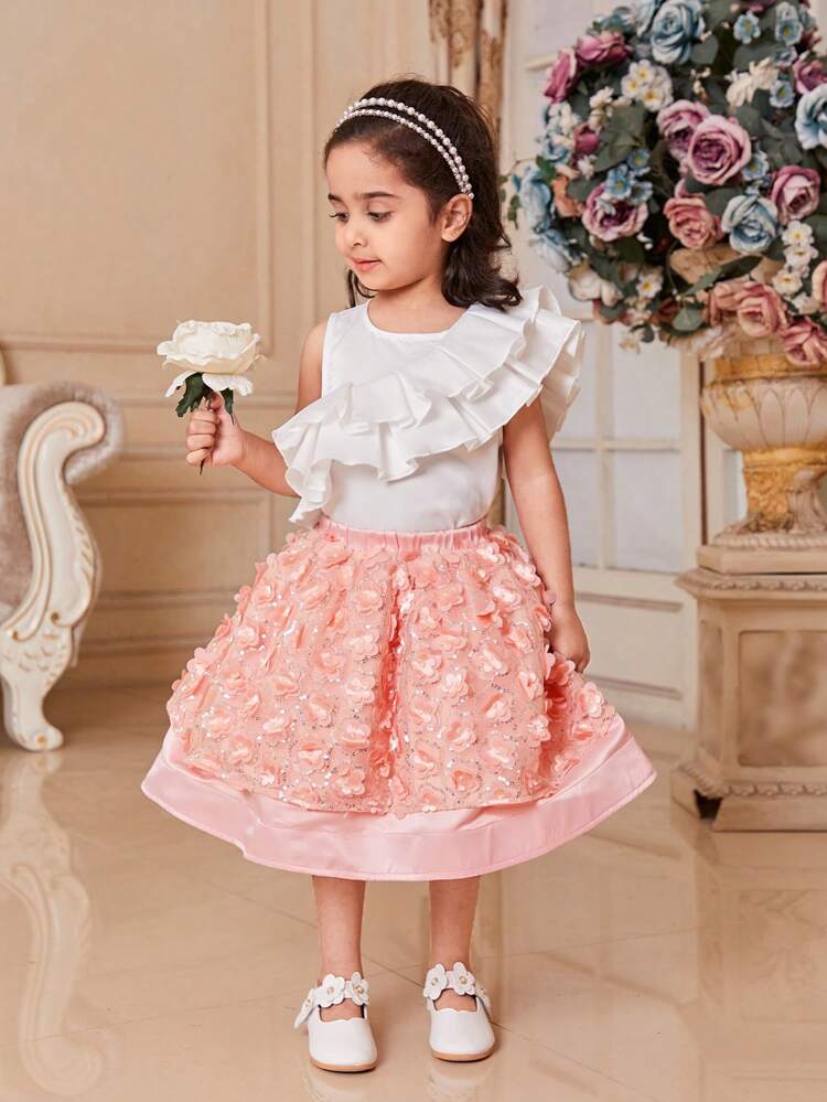 Young Girls' Lovely And Elegant Round Neck Sleeveless Ruffle Top With 3d Flower & Shiny Sequin Decor Skirt Set