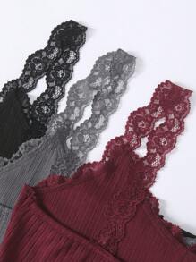 SHEIN Women's Lace Trimmed Cami Top And Shorts Pajama Set Lounge Set - Multicolor - View 3