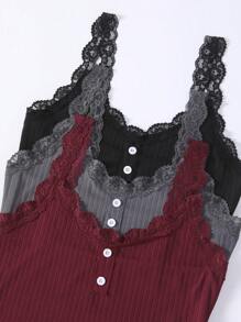 SHEIN 3件套女士蕾丝拼布背心和裤子睡衣套装休闲套装 - 彩色 - 查看 3
