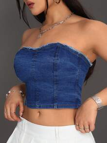 SHEIN ICON Top Sin Tirantes De Mezclilla Con Dobladillo De Volantes Para Mujer - Azul lavado oscuro - Ver 2