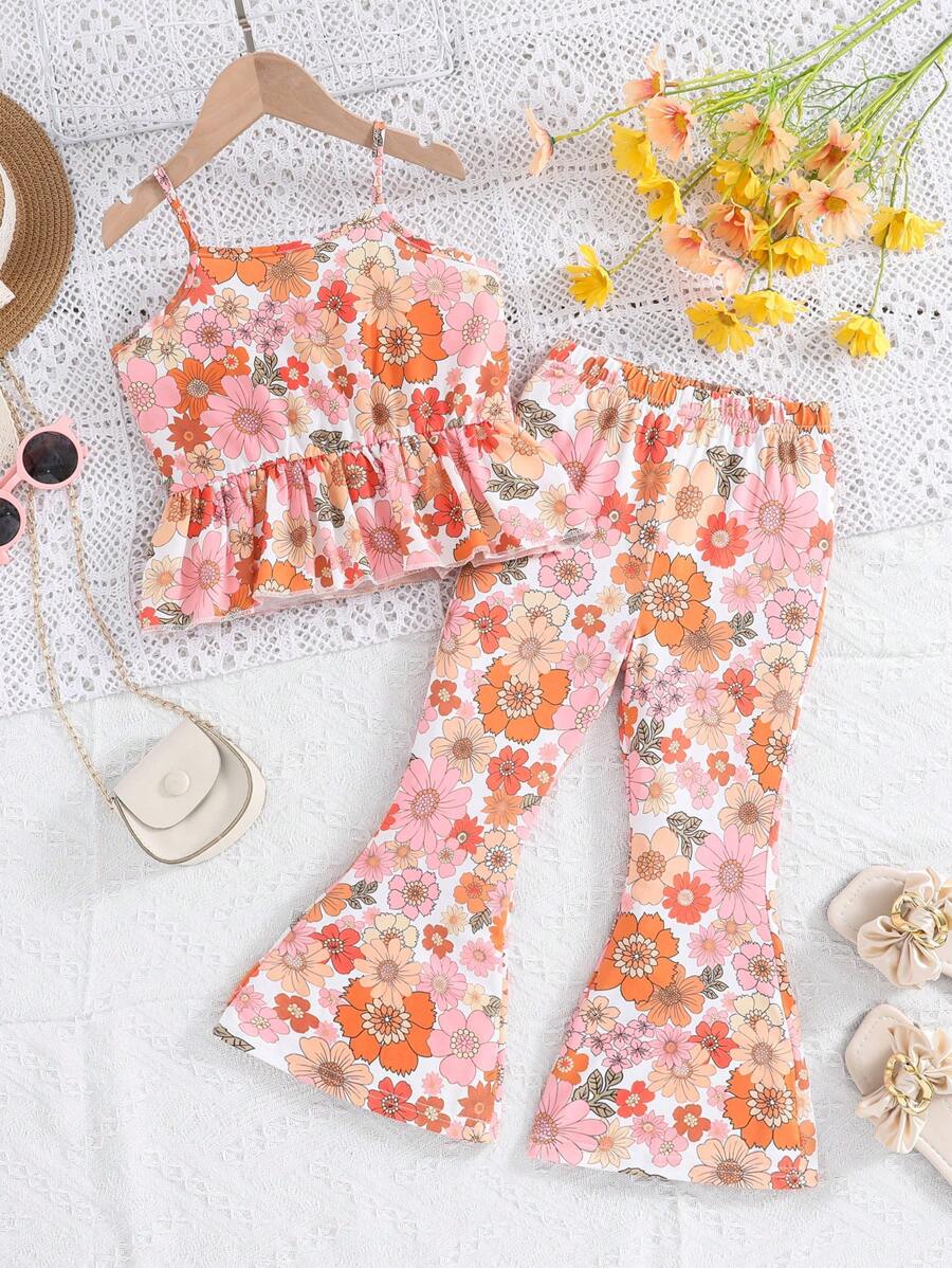 SHEIN Young Girl's Floral Print Spaghetti Top & Flared Hem Pants Set - Multicolor - View 1