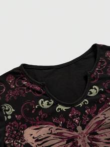 ROMWE Fairycore Camiseta de manga larga con estampado de mariposas y enredaderas vintage estilo "fairycore" para mujeres