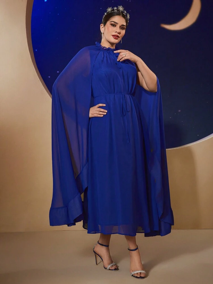Plus Size Women's Cape Sleeve Stand Collar Dress With Ruffle Trim,Elegant Evening Party Dress Long Evening Dresses