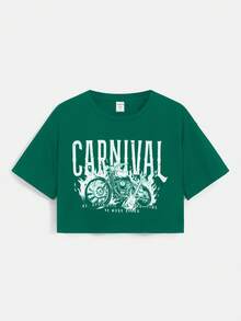 SHEIN Cô gái Tween Dệt kim Hoa Quần skinny Giải trí Ngắn tay Áo thun - màu xanh lá - Xem 3