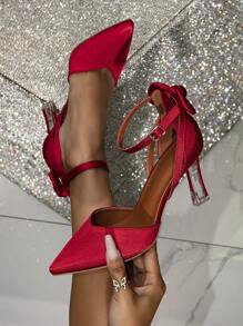 Đúng mốt Thắt nơ Dao găm nhỏ Giày cao gót Dép xăng đan Với Thiết kế rỗng - Đỏ - Xem 1